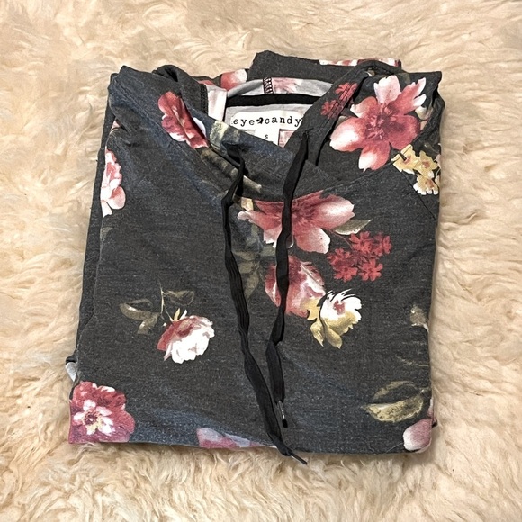 Gray Floral Print Cotton Tee Pullover Hoodie Top - Picture 4 of 5